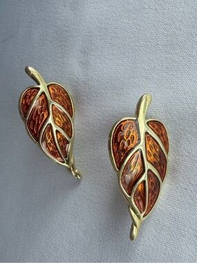 Gold Tone Leaf Clip-On Earrings with Amber Enamel